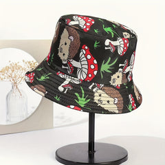 Unisex Sunshade Bucket Hat with Hedgehog Mushroom Print - Double Sided Sun Hat