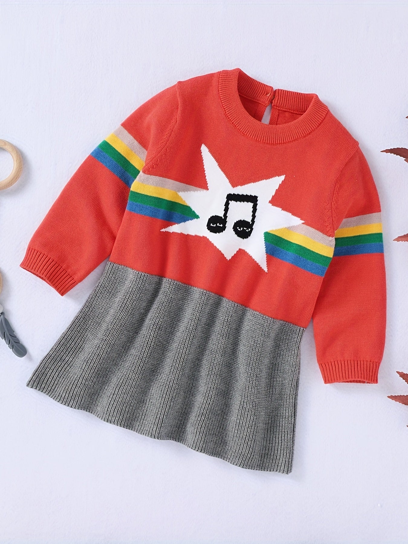 Baby Casual Dress Girls Sweater Long Sleeve Music Note Striped Dress