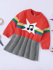 Baby Casual Dress Girls Sweater Long Sleeve Music Note Striped Dress