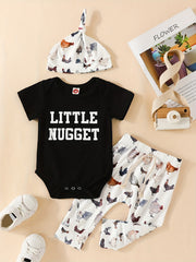 Nugget Print Short Sleeve Onesie & Hen Graphic Pants & Hat Baby's Set