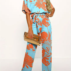 Boho Floral Print Jumpsuit with Tie Waist