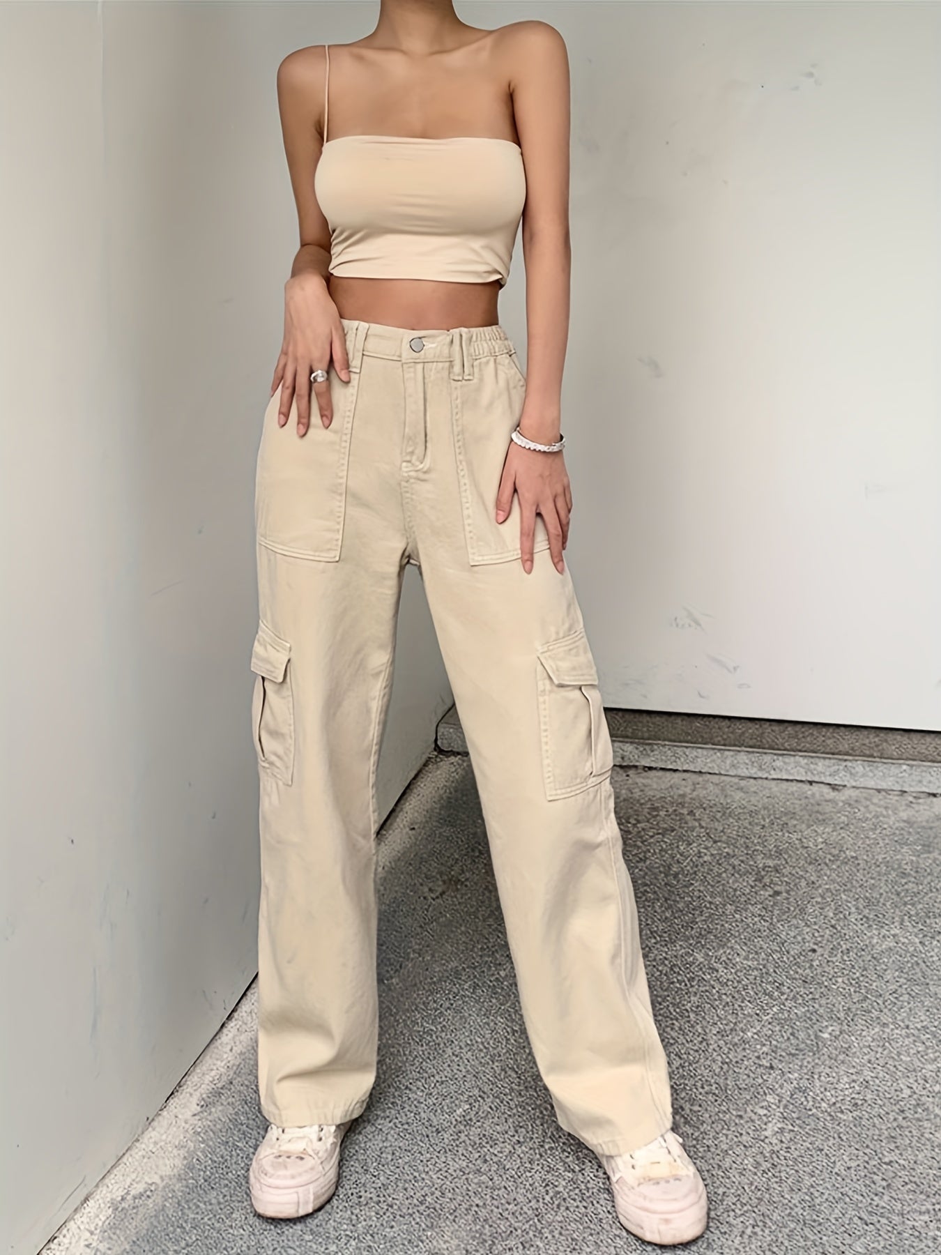 Vintage High Waist Cargo Pants Wide Legs Flap Pockets