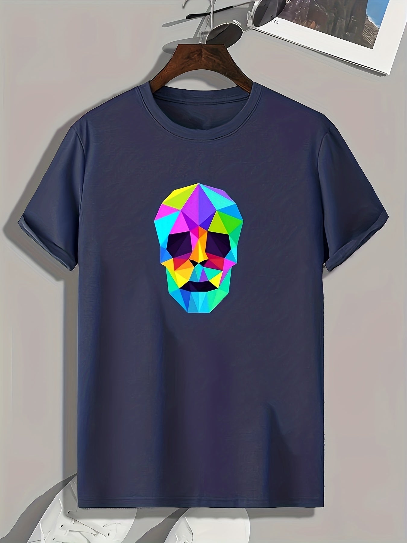 Block Skull Print Men's Graphic T shirt for Summer