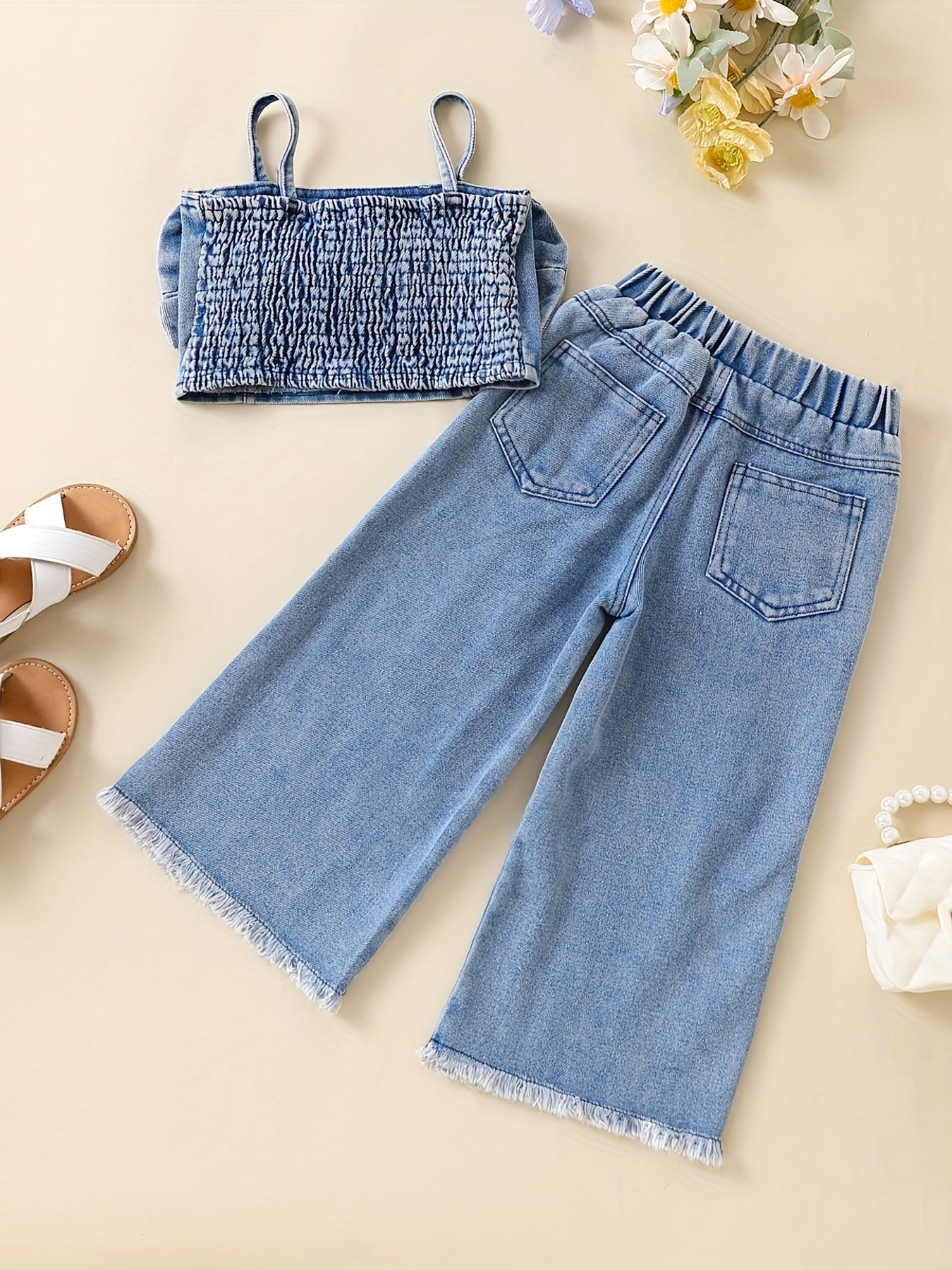 2pcs Baby Girls Bowknot Denim Camisole Top & Pants Set