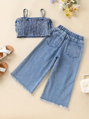 2pcs Baby Girls Bowknot Denim Camisole Top & Pants Set