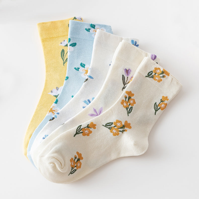 Paris Cotton Retro Floral Pattern Socks Mixed Mid Tube Socks Pack