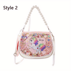 Cartoon Unicorn Handbag With Faux Pearl Handle For Girls