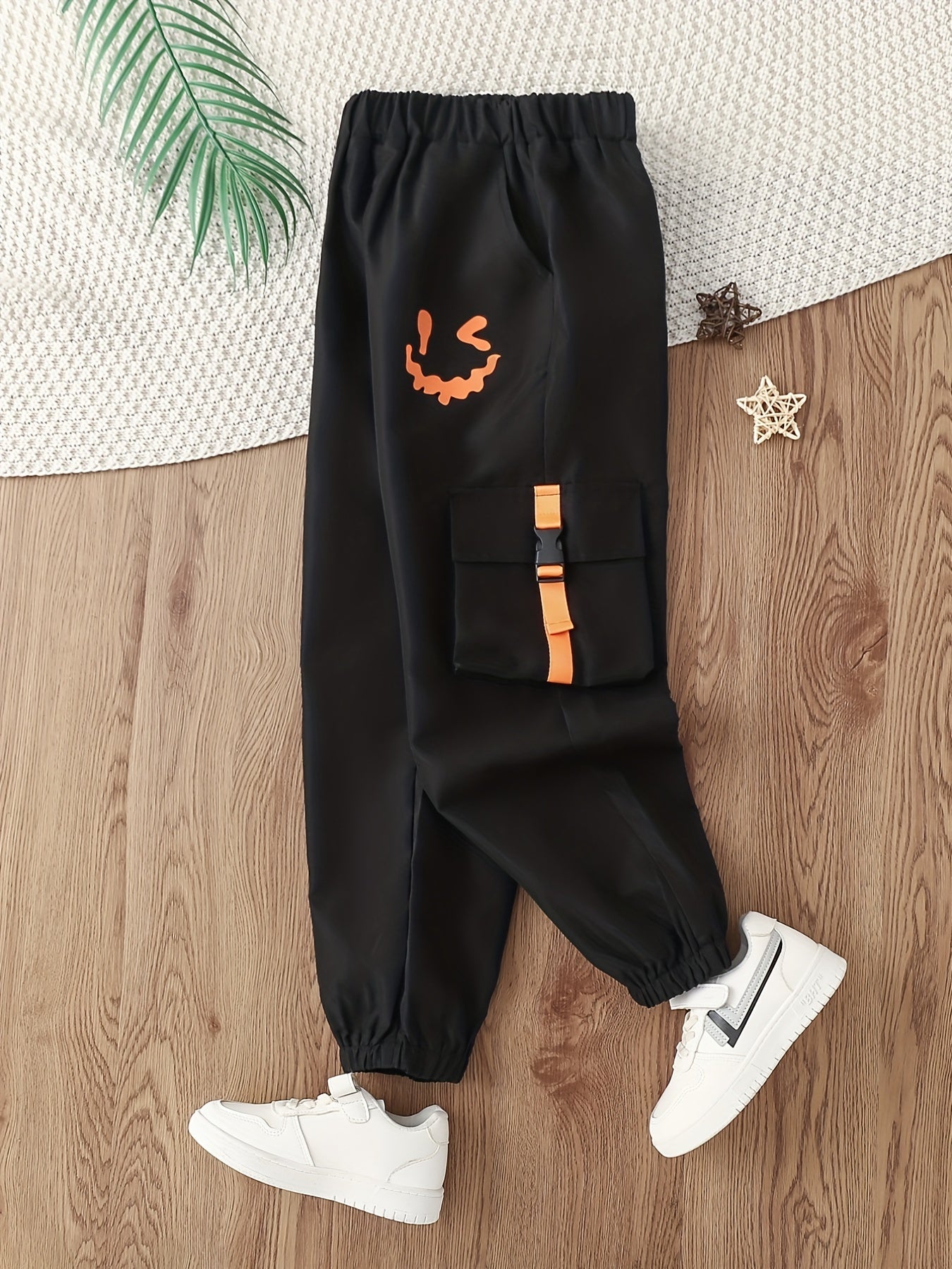 Boys Smiling Print Cargo Pants Elastic Waist Jogger