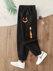 Boys Smiling Print Cargo Pants Elastic Waist Jogger