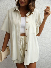 Two Piece Set Button Front Shirt & Drawstring Shorts