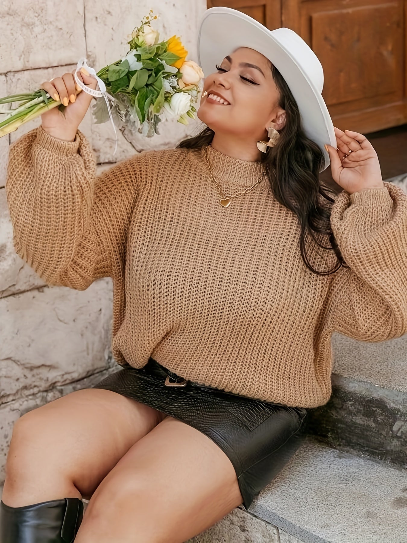 Lantern Sleeve Mock Neck Pullover Sweater