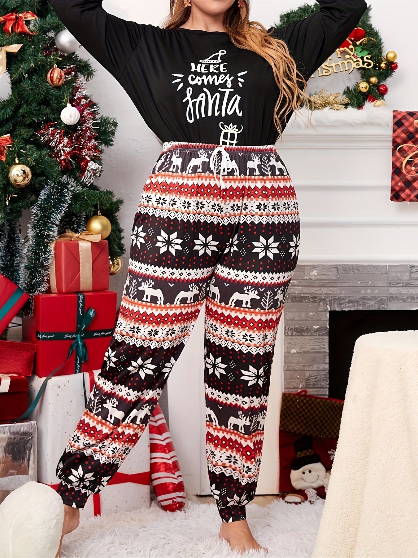 Women's Plus Size Reindeer & Snowflake Print Lounge Joggers