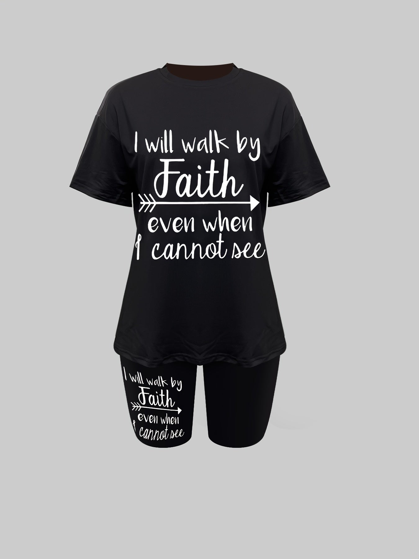 Faith Letter Print Two piece Set Crew Neck Half Sleeve Casual T shirt & Workout
