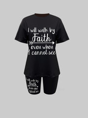Faith Letter Print Two piece Set Crew Neck Half Sleeve Casual T shirt & Workout
