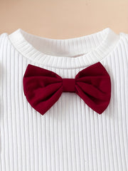 2pcs Baby Girls Bowknot Short Sleeve Top & Belted Shorts Set
