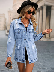 Oversized Distressed Flap Pockets Denim Jacket Ripped Long Sleeve Denim Coat