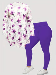 Plus Size Floral Print Top & Solid Leggings 2 Piece Set