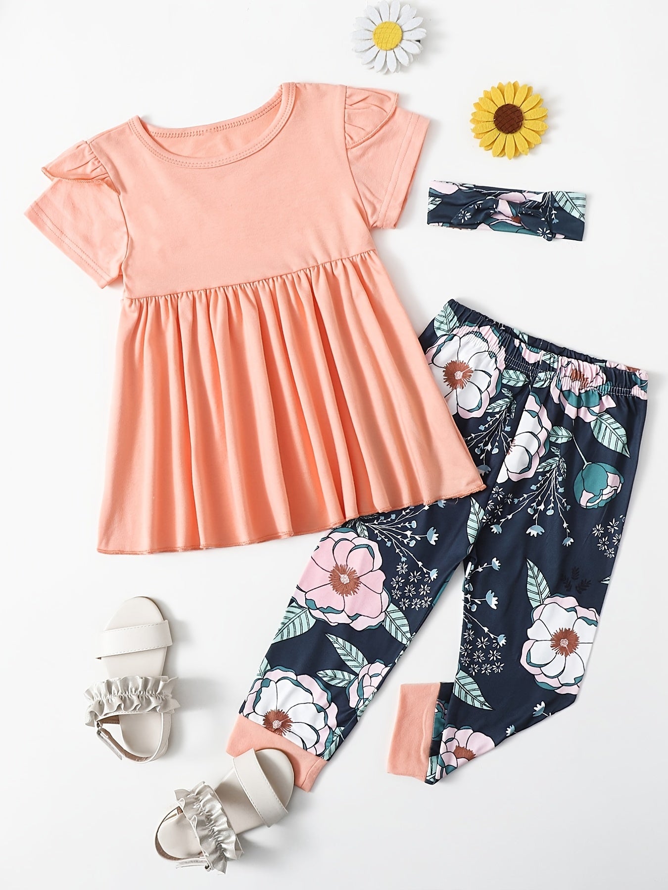 Girls Peplum Top & Flower Pants Set with Headband