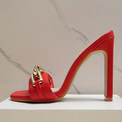 Metallic Buckle High Heel Sandals Open Toe Slip On Block Heels