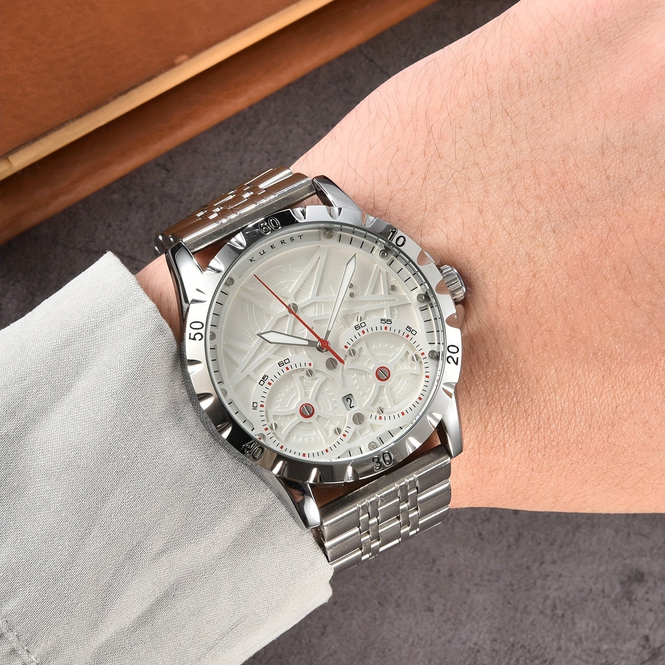 KUERST Men's Steel Strap Automatic Mechanical Watch Waterproof 3D Dial Calendar