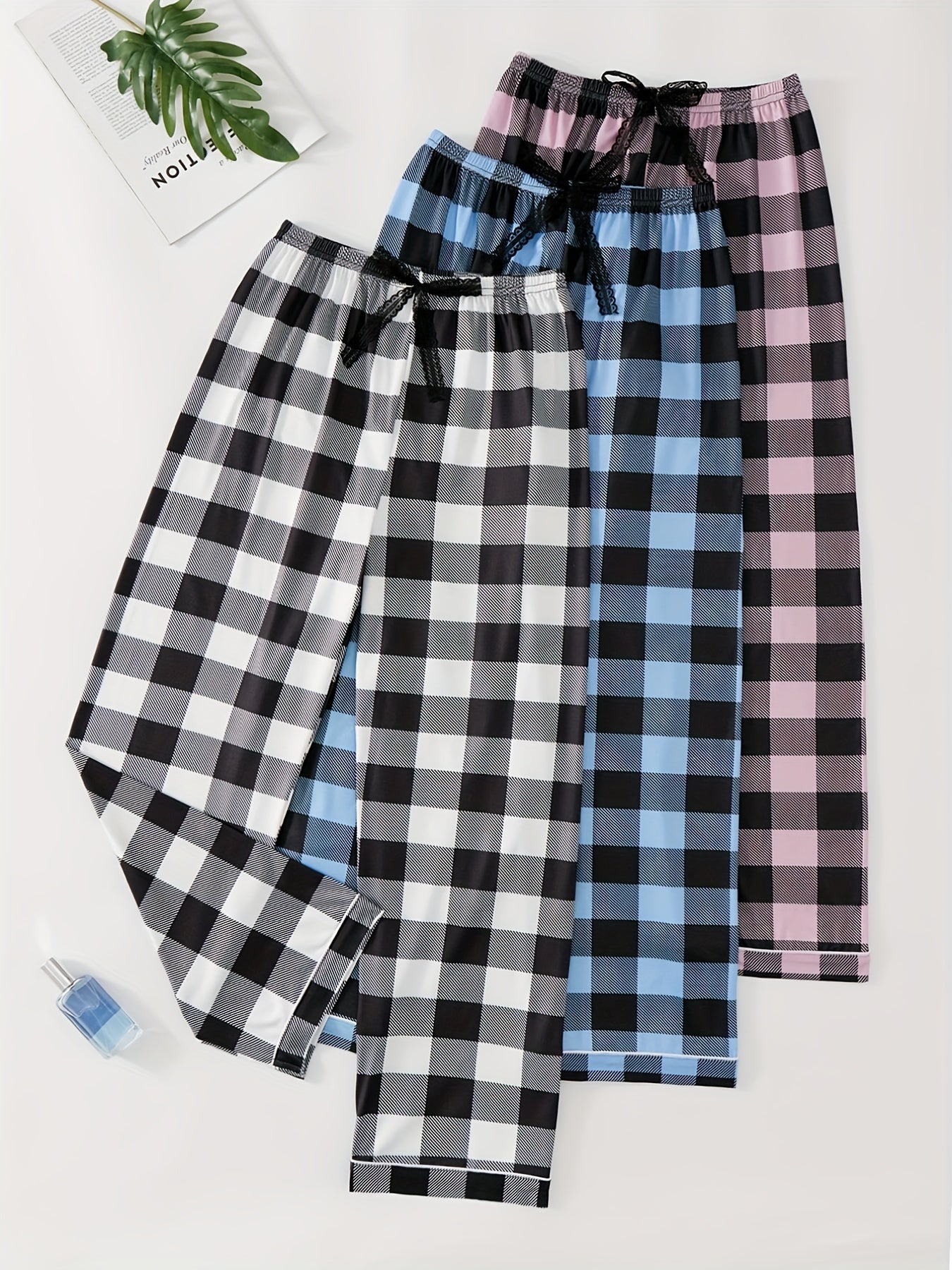 Plaid Lounge Pants Elastic Waist Bow Pants Womens Loungewear