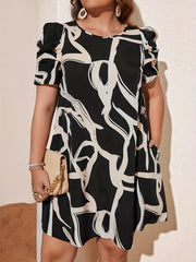 Graphic Print Puff Sleeve Mini Dress With Pockets