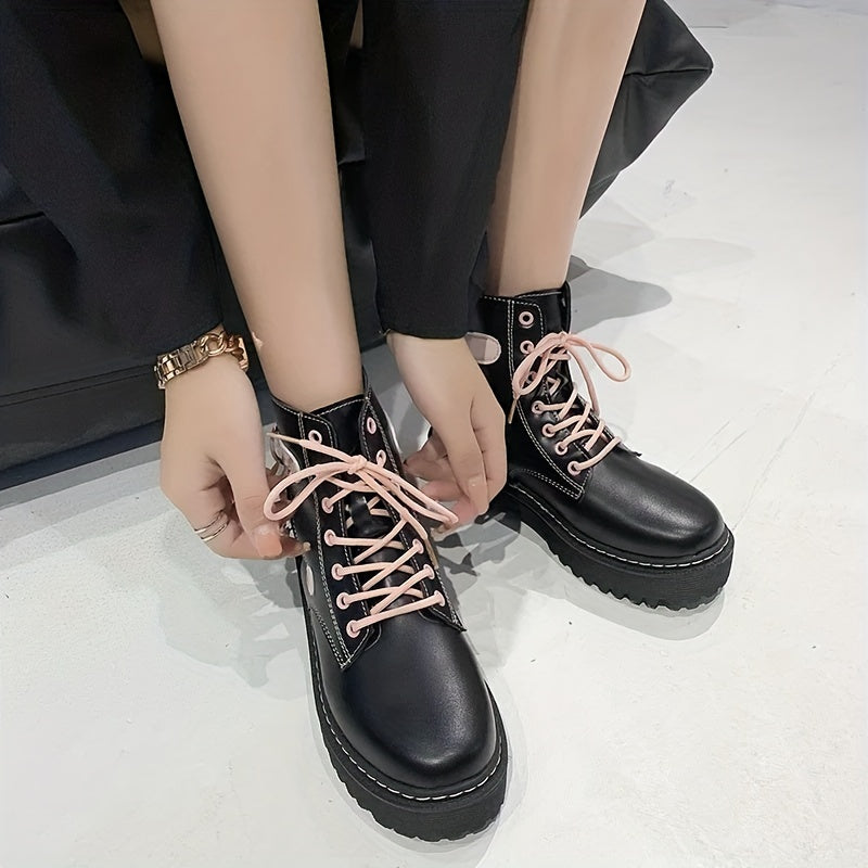Pink Heart Pattern Combat Boots Chunky Heel Side Zipper Platform Boots