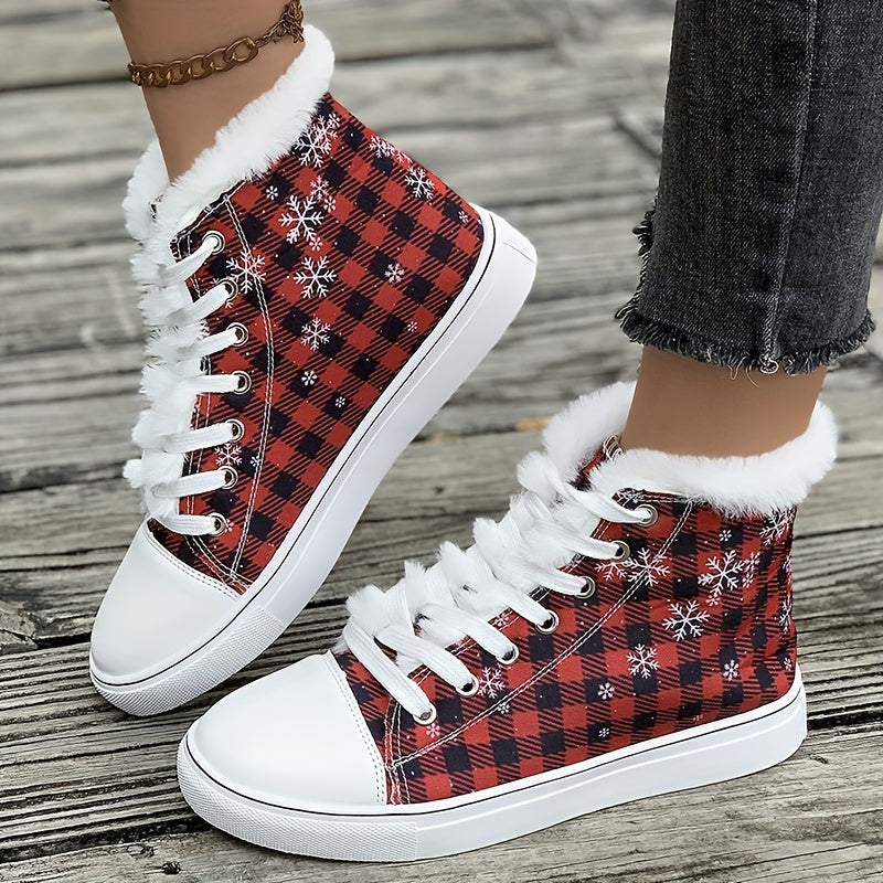 Christmas Plaid Plush Lined Flat Snow Shoes Keep Warm Canvas Sneakers