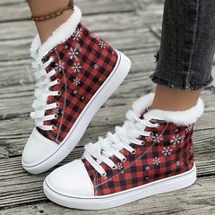 Christmas Plaid Plush Lined Flat Snow Shoes Keep Warm Canvas Sneakers
