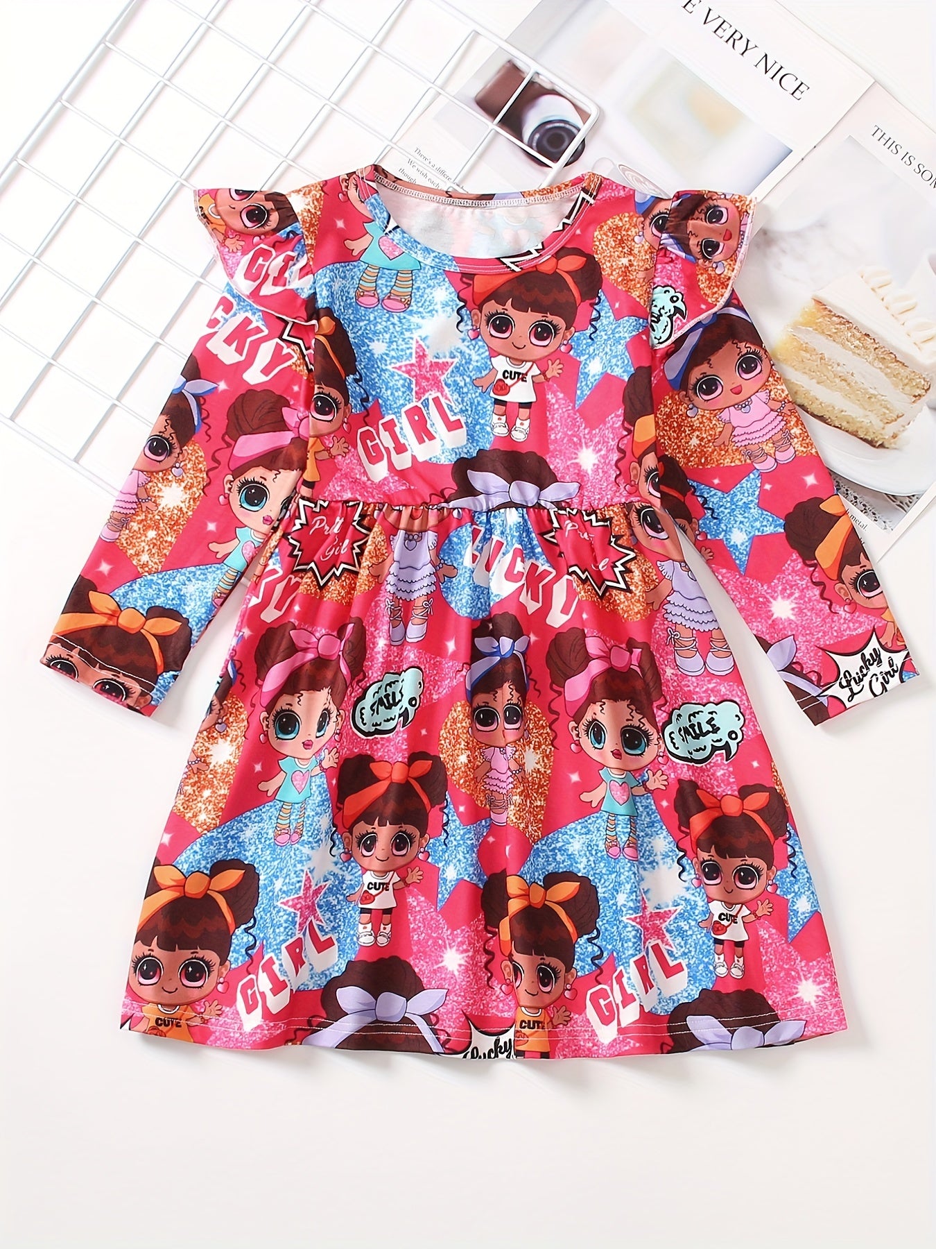 Girls Kitty Ruffle Long Sleeve Dress for Spring and Autumn