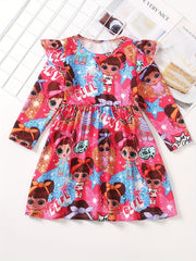 Girls Kitty Ruffle Long Sleeve Dress for Spring and Autumn