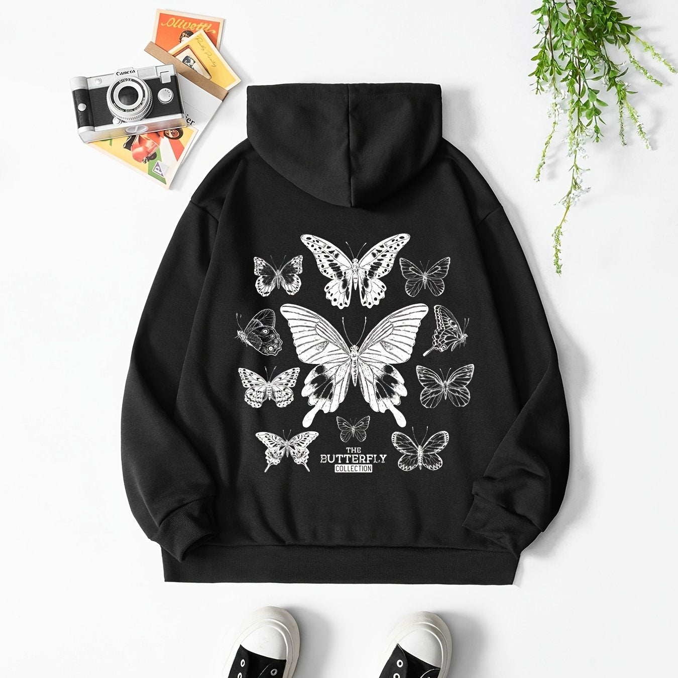 Butterfly & Letter Print Hooded Shirt Solid Drawstring Pullover