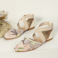 Floral Embroidered Lace Flat Sandals Cross Strap Slip On Shoes