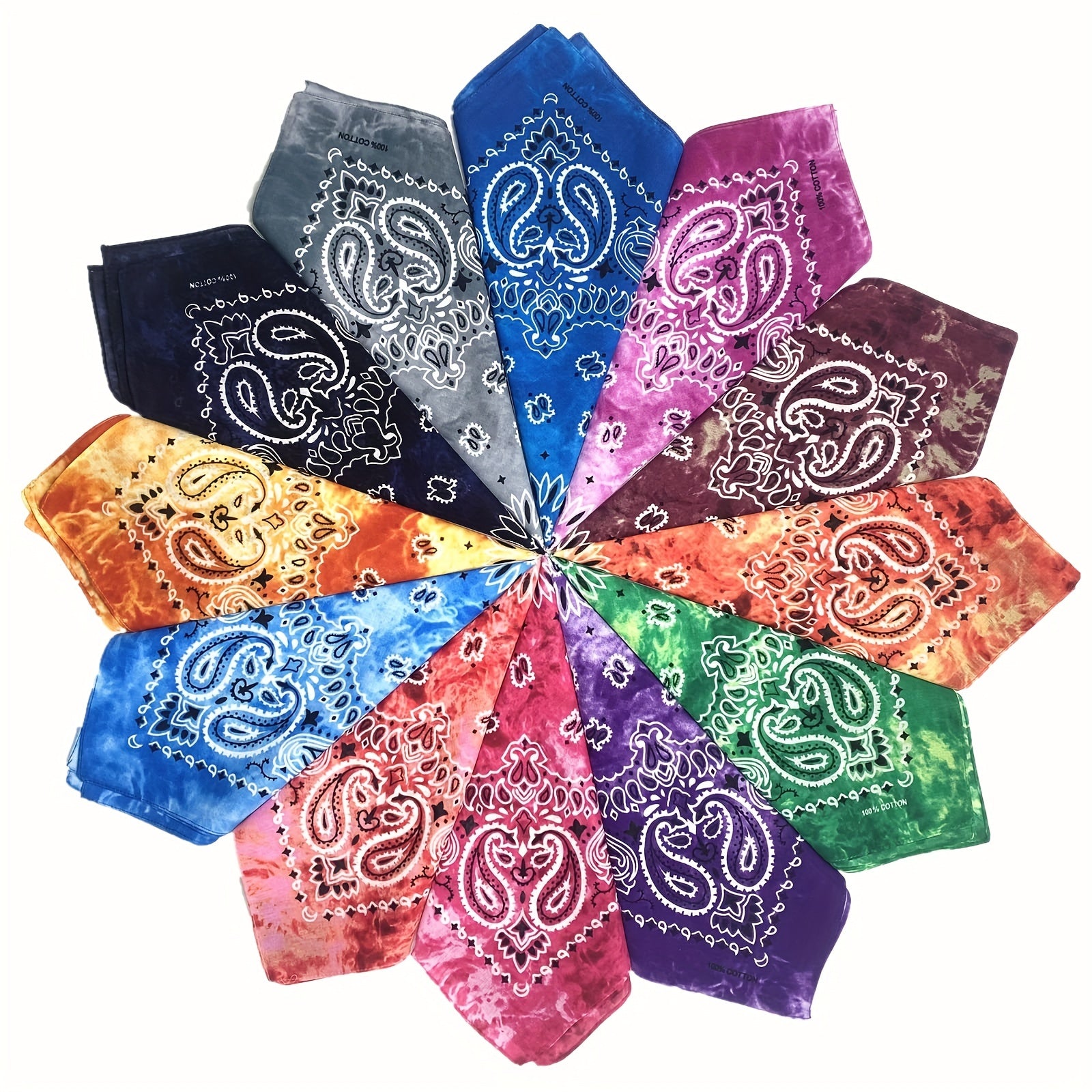 12 Pack Tie Dye Bandana Cotton Bandanas Cowboy Paisley Handkerchiefs