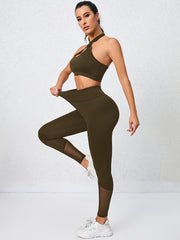 2pcs Halter Sports Bra & High Waist Mesh Leggings Set