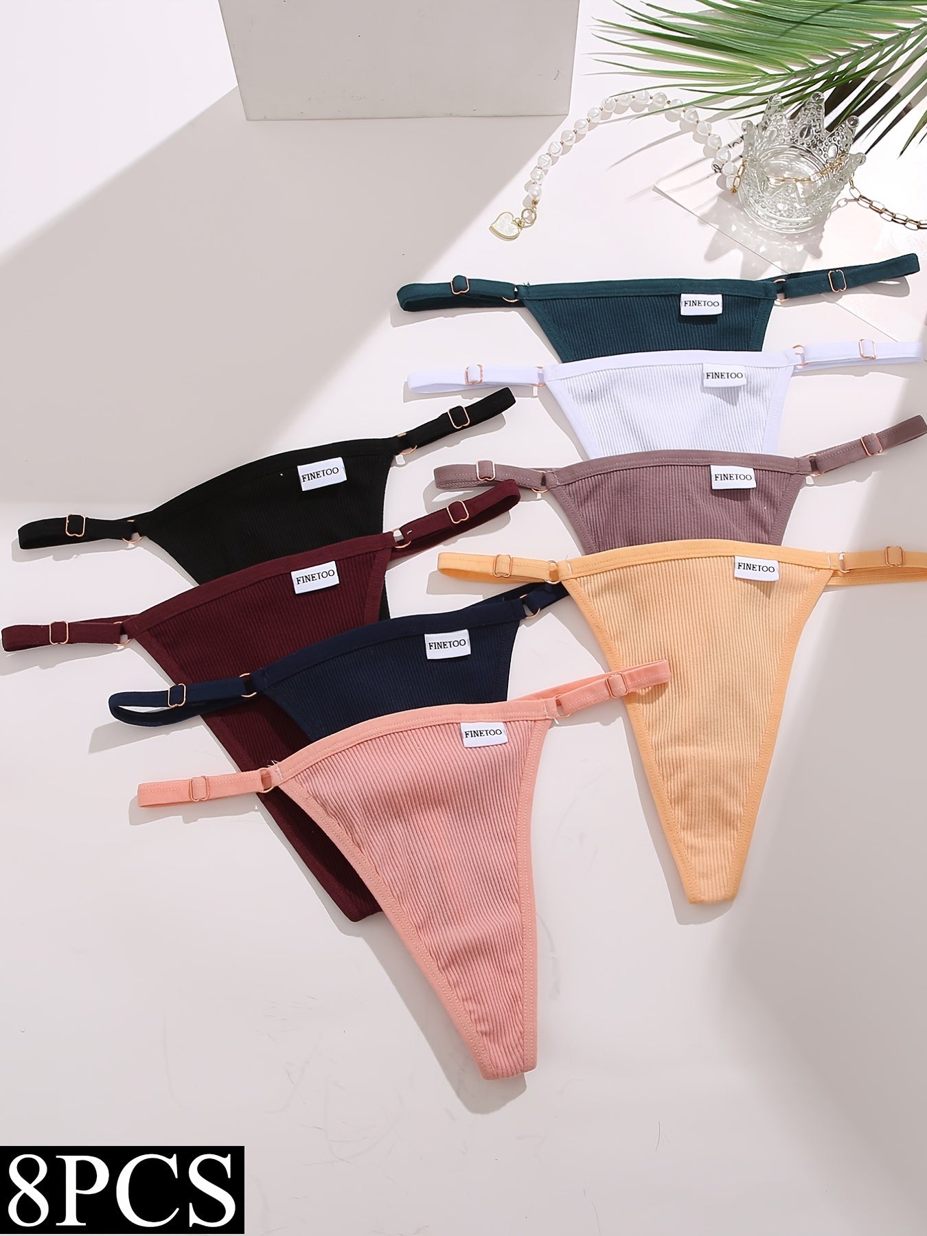 8 Pcs Women's Adjustable Ribbed Thong Panties Micro Cotton Lingerie