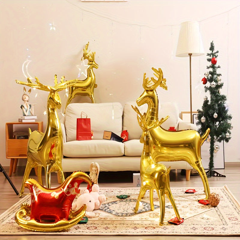 3pcs Christmas Foil Balloons Large Reindeer & Santa's Sleigh Mylar Balloons