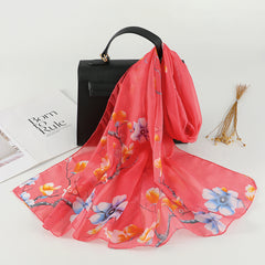 Chiffon Scarf Flower Branch Print Shawl Windproof Head Wrap Travel Beach Towel