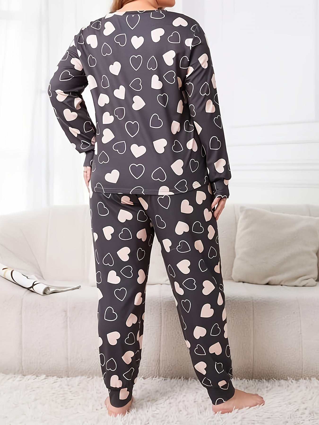 Women's Plus Heart Print Pajamas Set Long Sleeve Tee & Joggers Lounge Set