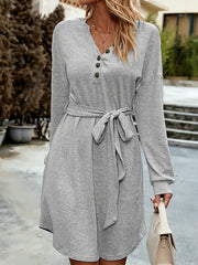 Heathered Long Sleeve V Neck Button Dress With Belt