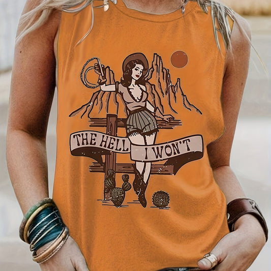 Casual Tank Top Women's Plus Cartoon Figure Print Round Neck Tank