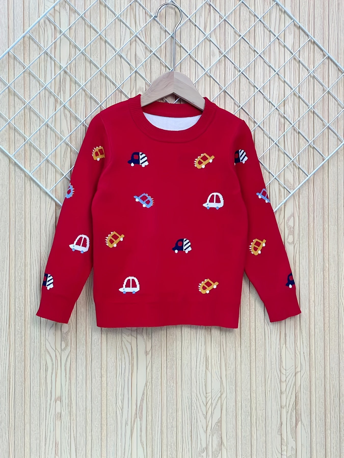 Kids Knit Sweater Cartoon Cars Graphic Print Pullover Sweater Tops