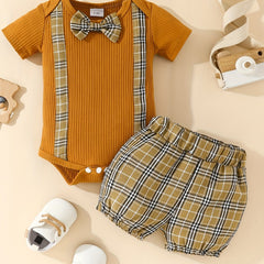 2pcs Baby Boys Bowknot Onesie & Plaid Shorts Set