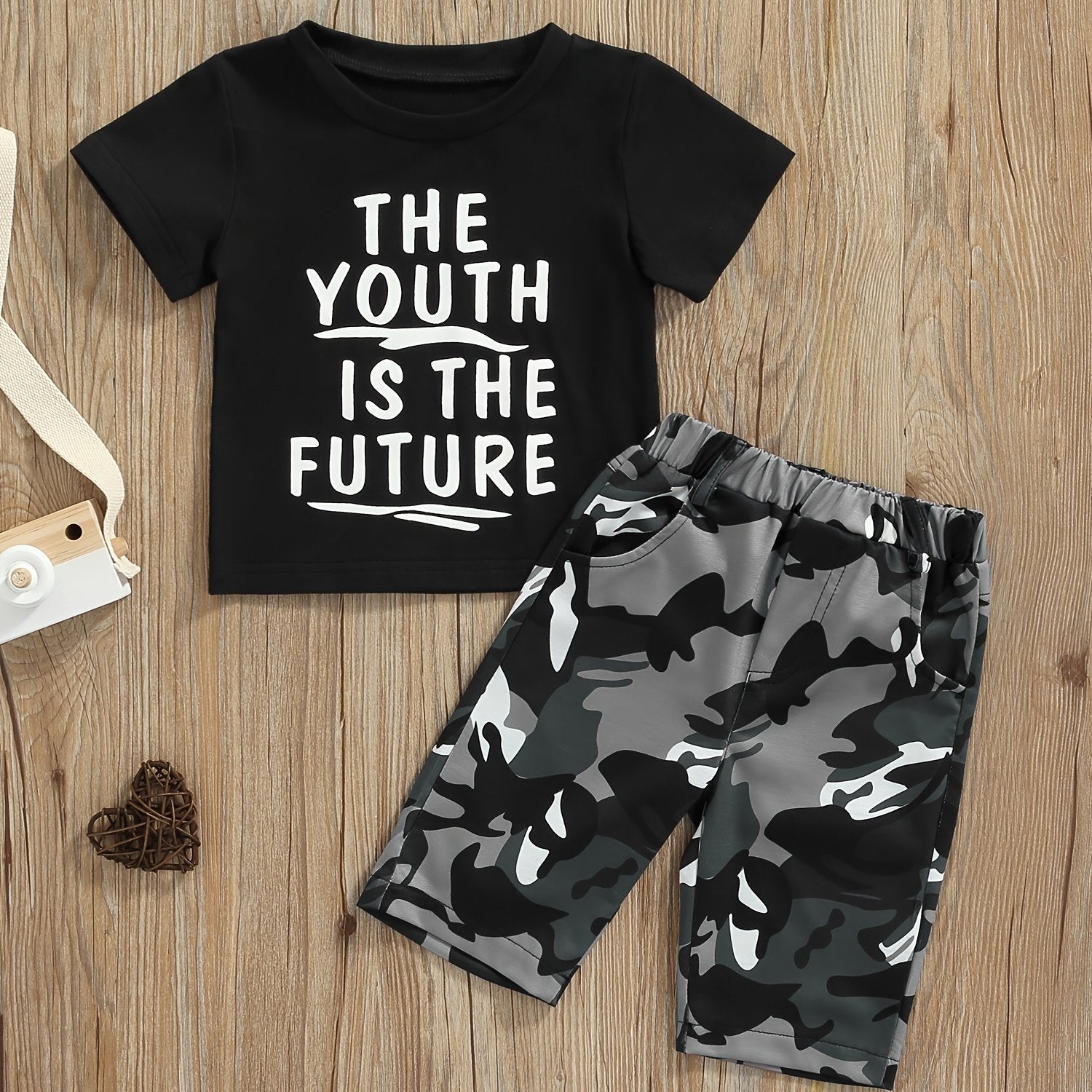 2pcs Baby Boys The Youth Is the Future T-shirt & Camo Shorts Set