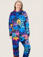 Pumpkin Print Hooded Jumpsuit Halloween Pajamas