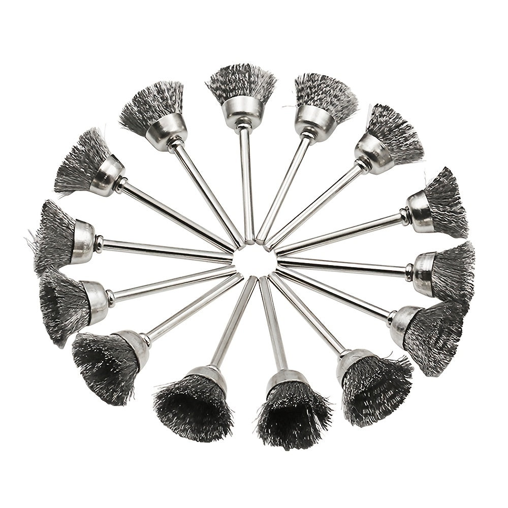 15pcs Coarse Crimped Steel Wire Brush Set for Rotary Tool with Mandrel