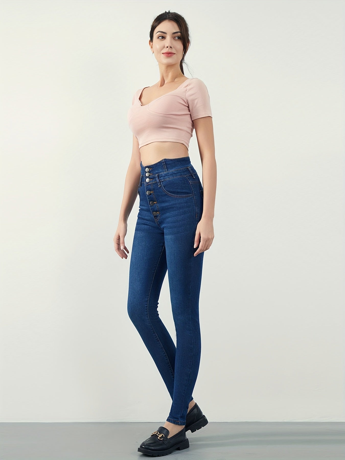 Dark Skinny Jeans High Waist Button Denim Pants