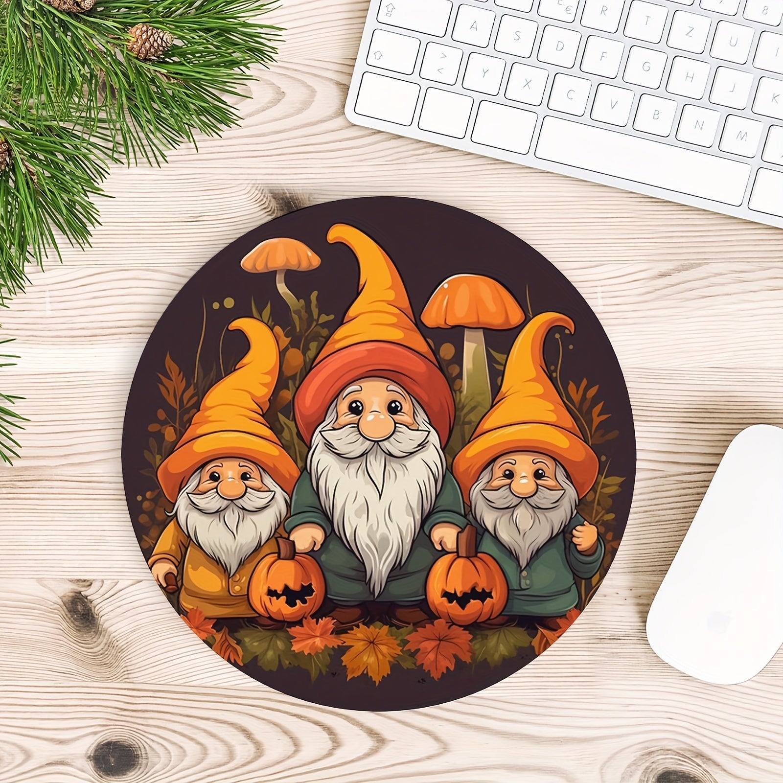 Fall Gnomes Round Mouse Pad Non Slip Rubber Base Small Size