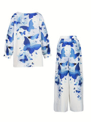 Butterfly Print Top & Wide Leg Pants Set
