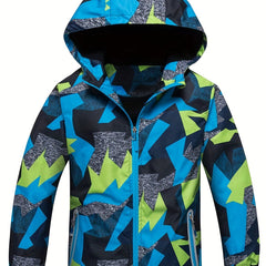 Boys Block Zip Up Fleece Lining Casual Hooded Jacket Raincoat Windbreaker